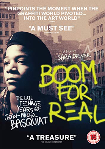 DVD cover for "Boom For Real" featuring a young Jean-Michel Basquiat's portrait.