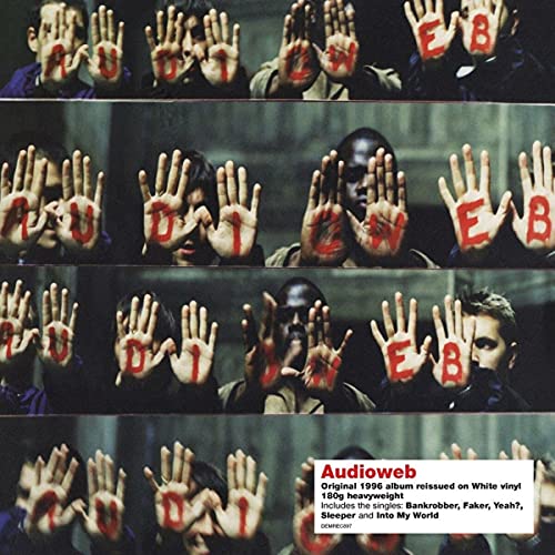 Album cover with repeating image of people with red handprints and text.
