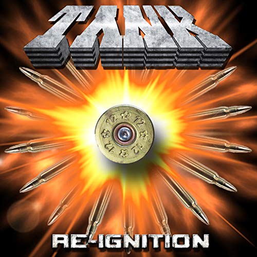 Album cover with 'TANK' in metal letters, bullets, and explosive effect.