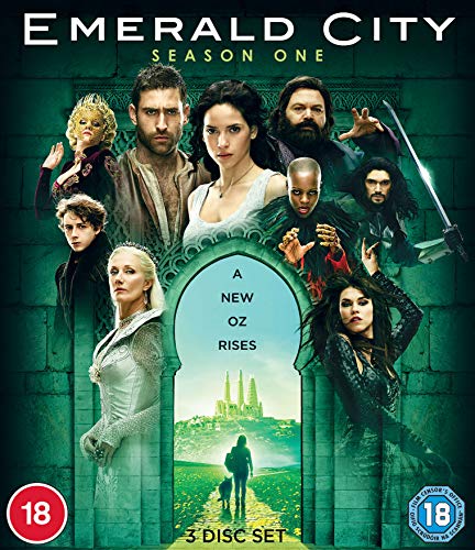 "Emerald City Season One Blu-ray cover featuring main characters and a fantasy landscape."