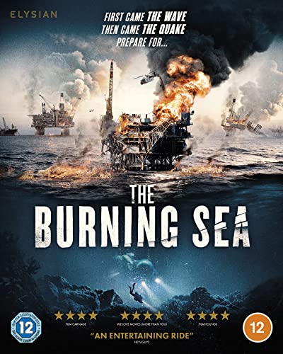 Blu-ray cover for "The Burning Sea" depicting oil rigs on fire at sea.
