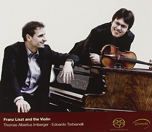 Two musicians with a piano and violin, album cover for Liszt and the Violin.