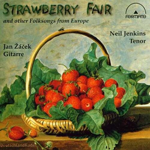 "CD cover featuring a wicker basket filled with strawberries on a wooden surface."