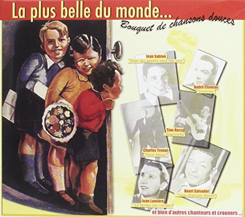 "Album cover with cartoon man and child, and black-and-white photos of male singers."