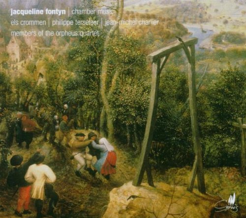 "CD cover with a painting of people in a forest, dancing around a gallows."