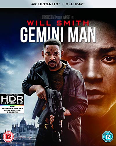 “Gemini Man” Blu-ray cover featuring Will Smith, holding a gun, with a younger version of himself.