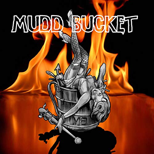 CD cover: grayscale pin-up in bucket with flames background.