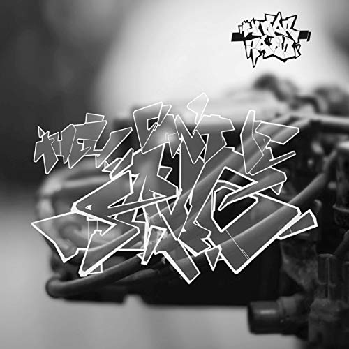 CD cover with stylized white text over a blurred, dark engine.