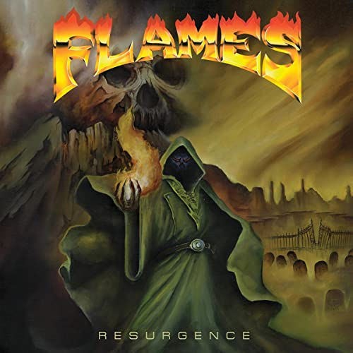 Album cover for "Flames - Resurgence" featuring a skull and hooded figure.