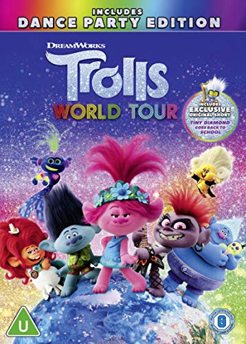 DVD cover for "Trolls World Tour" featuring colorful troll characters.
