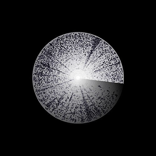 A silver CD with a pixelated, glitchy design against a black background.