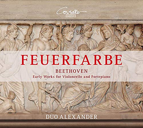 CD cover with Beethoven's early cello works, featuring a stone relief background.