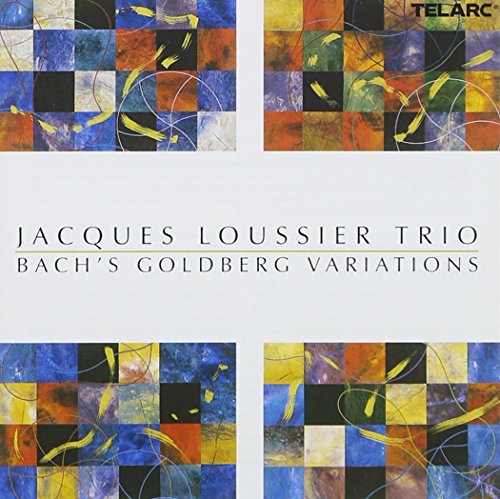 "Album cover featuring colorful abstract design and text 'Jacques Loussier Trio Bach's Goldberg Variations'."