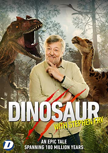 DVD cover featuring Stephen Fry with dinosaurs in a prehistoric landscape.