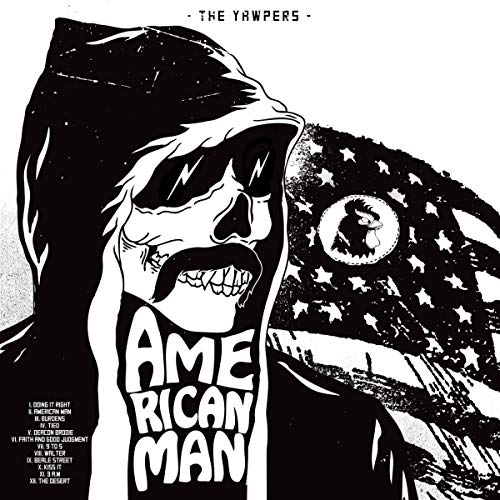 "Black and white vinyl album cover with skeleton in hood and American flag."