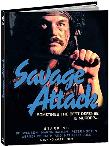 "Blu-ray case with a man holding a knife, titled 'Savage Attack'."