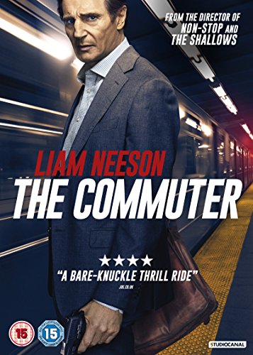 DVD cover of "The Commuter" featuring Liam Neeson in a suit on a train.