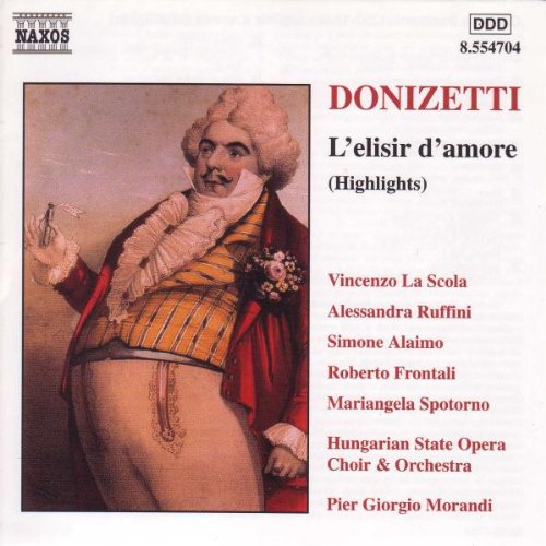 CD cover for Donizetti’s “L’elisir d’amore” featuring a man in costume.