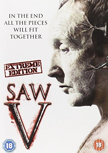 Saw V DVD cover featuring a man in profile with metal devices attached.
