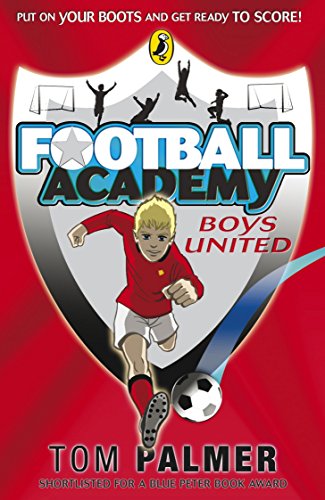 "Book cover featuring a cartoon boy kicking a soccer ball, with red and silver shield."