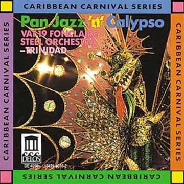 "CD cover with a dancer and steel drums, colorful text and borders."