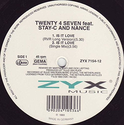 Black and white vinyl record label with text and a barcode.