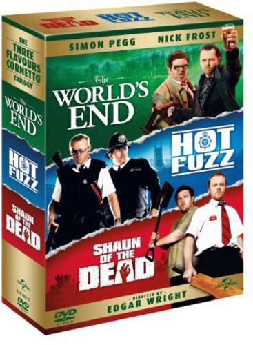 DVD case for "Three Flavours Cornetto Trilogy" featuring Simon Pegg and Nick Frost.