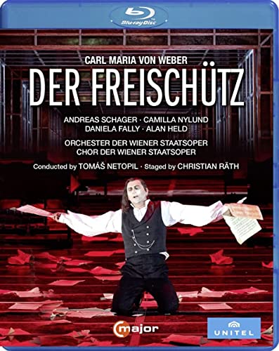 Blu-ray cover for Weber’s “Der Freischütz” opera, featuring a kneeling man.