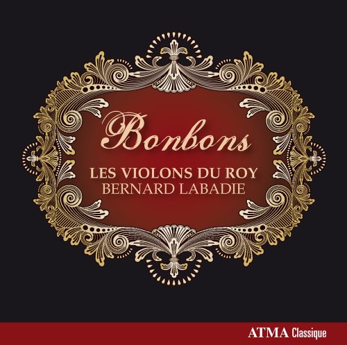"CD cover with ornate gold frame, red center, and black background, featuring 'Bonbons' title."