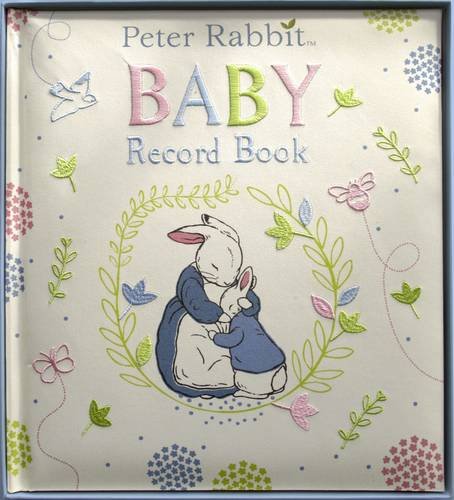"Beige baby record book cover featuring Peter Rabbit holding a baby rabbit, surrounded by flowers."