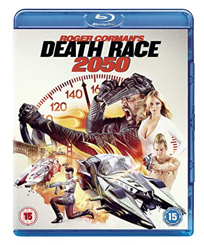 Death Race 2050" Blu-ray cover with cars, figures, and a speedometer graphic.