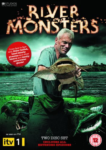 "River Monsters DVD case with disc inside, showing a fisherman with a large caught fish."