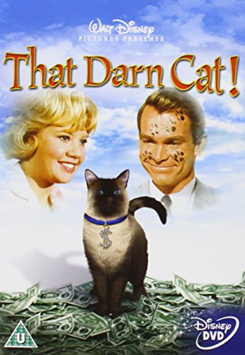 DVD cover for "That Darn Cat" featuring a cat, man, and woman on a blue background.