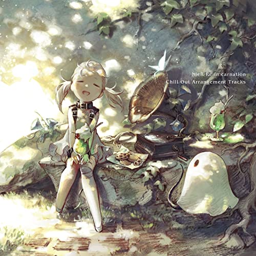 Girl with a phonograph and ghostly figures in a lush, green setting.