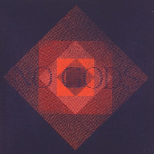 "Album cover with 'no gods' text on layered red diamonds against a dark background."