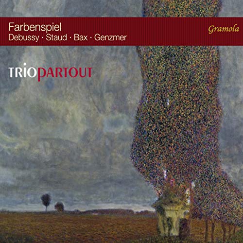 "Album cover with abstract landscape, red banner, and Trio Partout text."