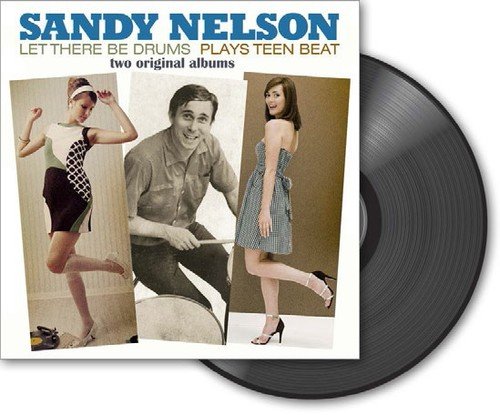 "Vinyl record sleeve with Sandy Nelson album cover, featuring a man and two women."