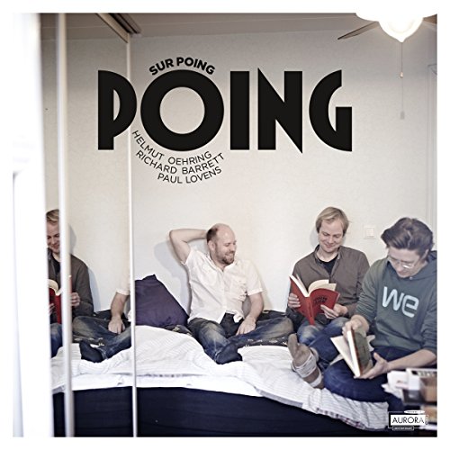 "CD cover with four men sitting on a bed, reading books, in a white room."