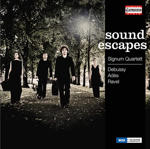 CD cover featuring a string quartet walking down a tree-lined path.