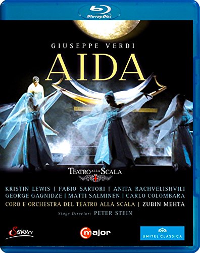Blue-ray case cover for Verdi's Aida, featuring three women in flowing white dresses.