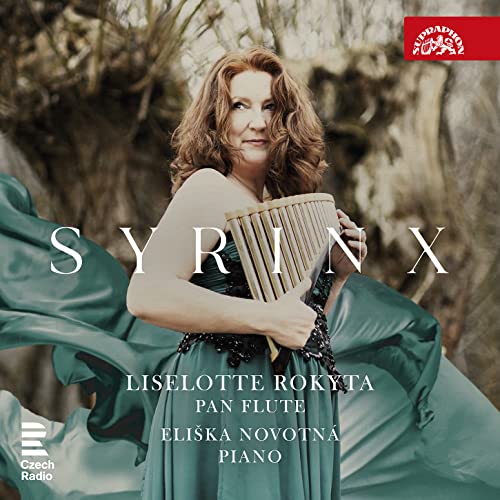 Woman holding a pan flute, album cover for Liselotte Rokyta’s “Syrinx.”