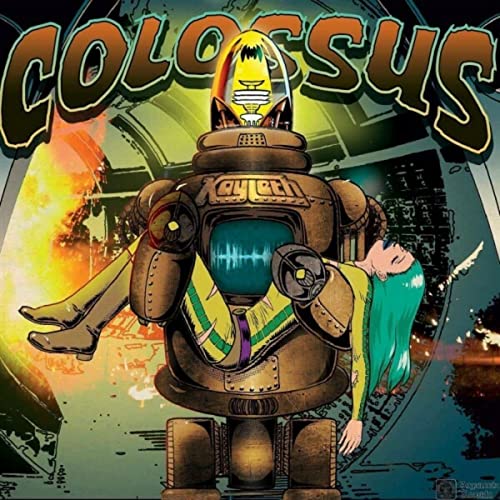 IllustrationCHC-style illustration of a large robot holding a woman with teal hair.