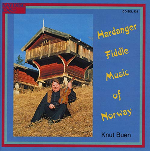 CD cover featuring a man with a fiddle before a traditional Norwegian wooden building.