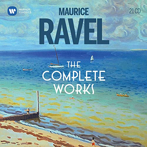 "CD cover art: serene beach scene, boats, and 'Maurice Ravel: The Complete Works' text."