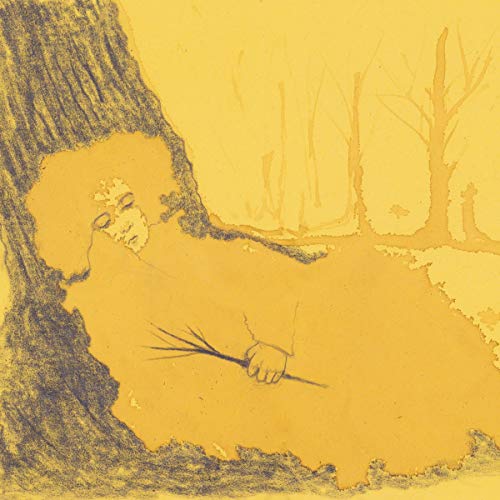Yellow album cover with sketched figure lying among trees.