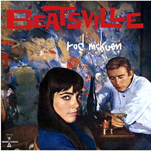 "Album cover featuring a man and woman with abstract background and red title text."