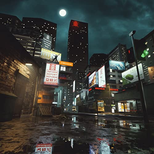 Night city street scene with illuminated billboards and wet pavement.