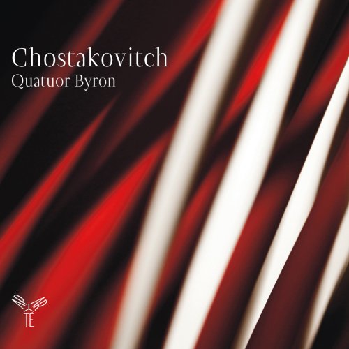 CD cover for Shostakovich string quartets by Quatuor Byron, red and white.