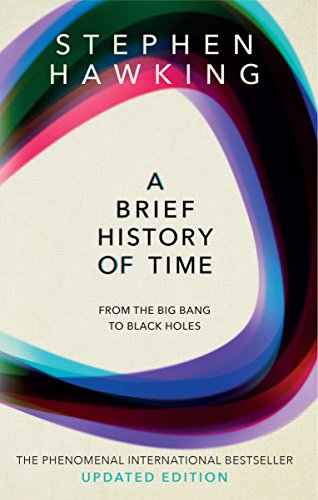 The image depicts the cover of "A Brief History of Time" by Stephen Hawking. Alt text: Book cover with swirling rainbow shapes and black text on beige background.