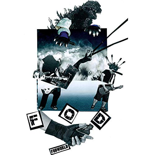 Collage featuring Godzilla, musicians, and large block letters spelling “FODWORLD.”